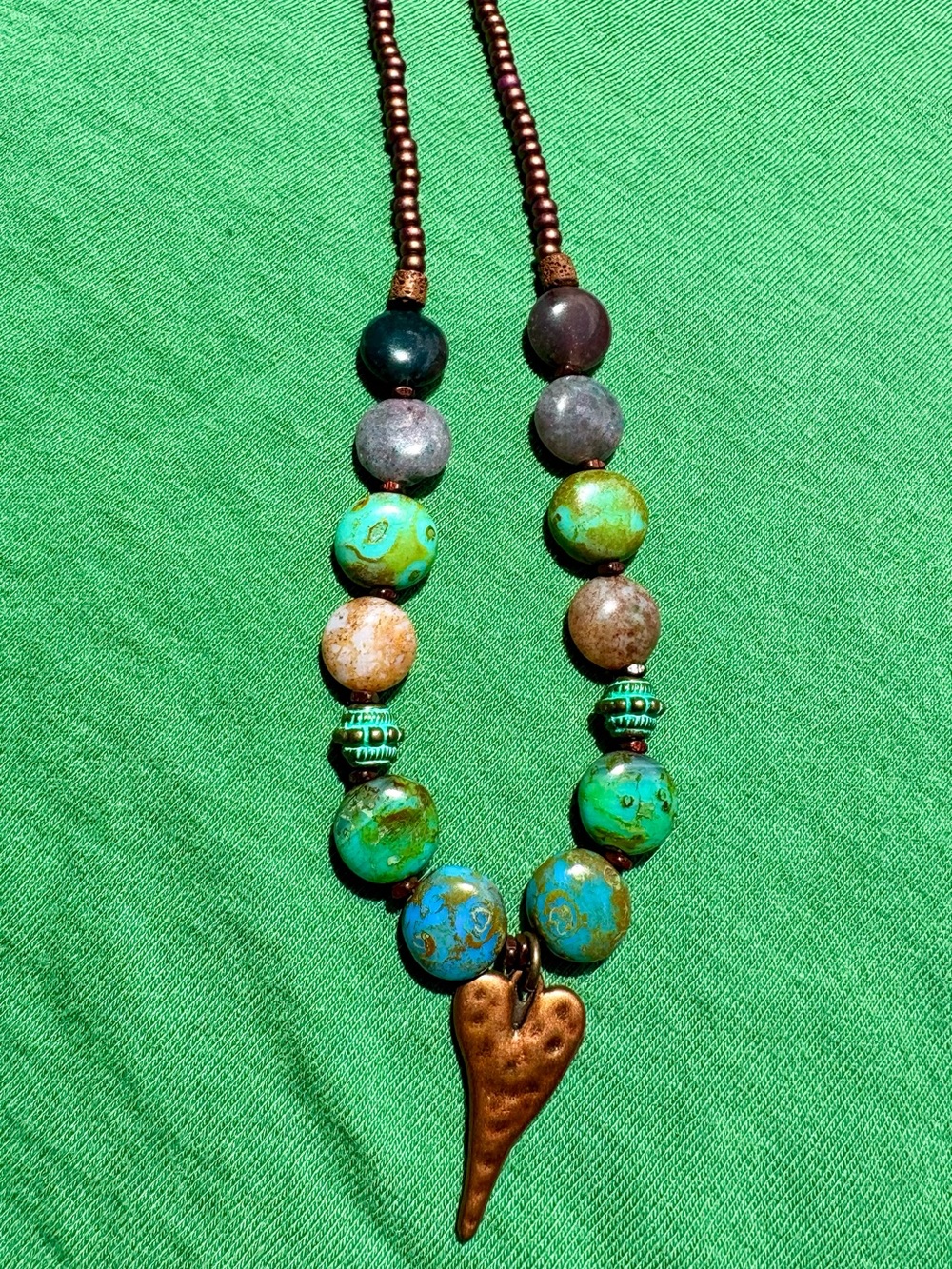 Handcrafted muted Jasper Bead Necklace with Copper Pendant - Women Jewelry - Picture 3 of 3